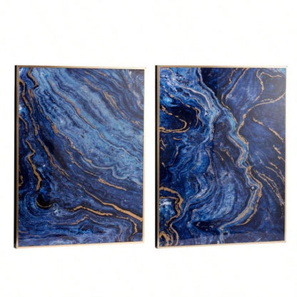 Set of 2 Blue and Gold Framed Art Panels, Unique Marbled Design, 30.5x 40