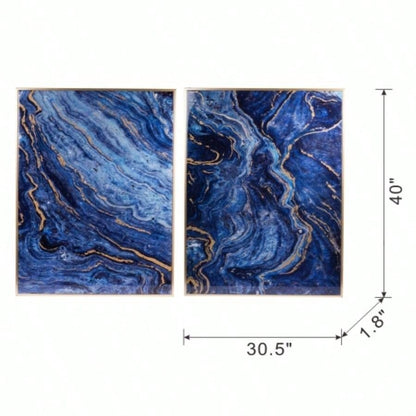 Set of 2 Blue and Gold Framed Art Panels, Unique Marbled Design, 30.5x 40