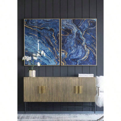 Set of 2 Blue and Gold Framed Art Panels, Unique Marbled Design, 30.5x 40