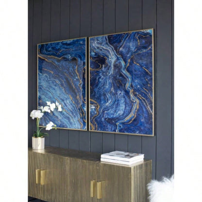 Set of 2 Blue and Gold Framed Art Panels, Unique Marbled Design, 30.5x 40