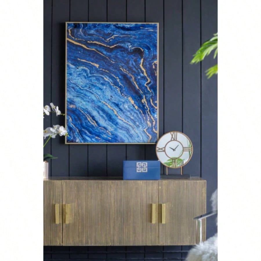 Set of 2 Blue and Gold Framed Art Panels, Unique Marbled Design, 30.5x 40