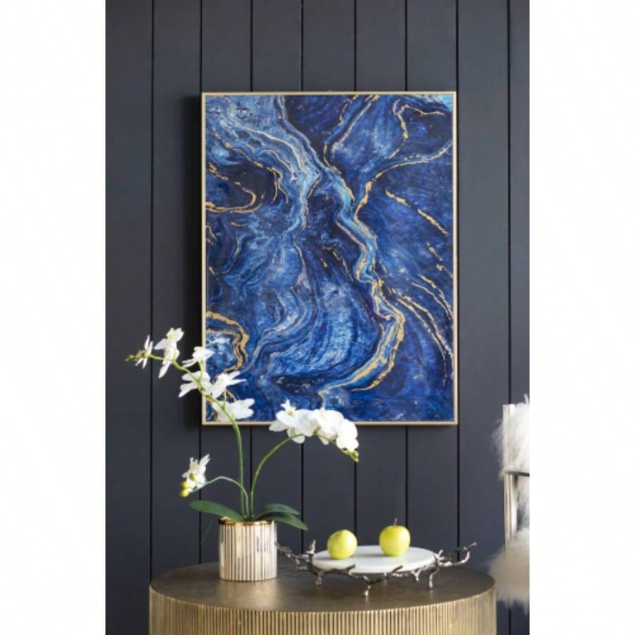 Set of 2 Blue and Gold Framed Art Panels, Unique Marbled Design, 30.5x 40
