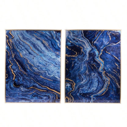 Set of 2 Blue and Gold Framed Art Panels, Unique Marbled Design, 30.5x 40