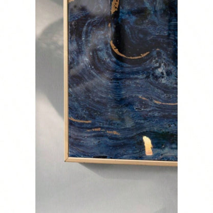 Set of 2 Blue and Gold Framed Art Panels, Unique Marbled Design, 30.5x 40