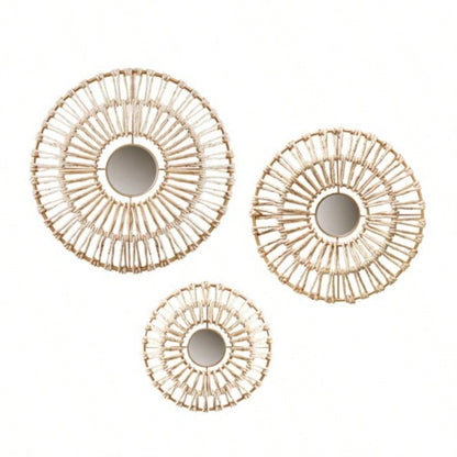 Round Natural Fiber and Mirror 3 - piece Wall Decor Set
