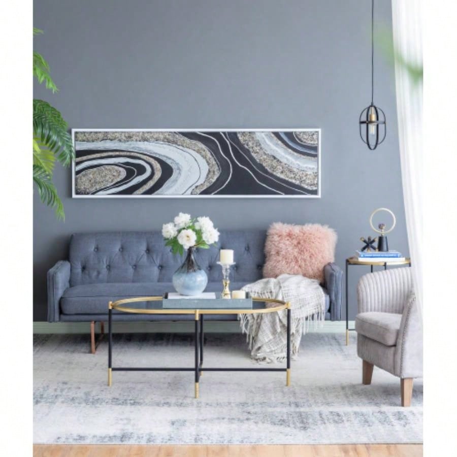 70.9x19.7x1.5 Elongated Landscape Rectangle Framed Oil Painting, Brown and Black with Silver Stones