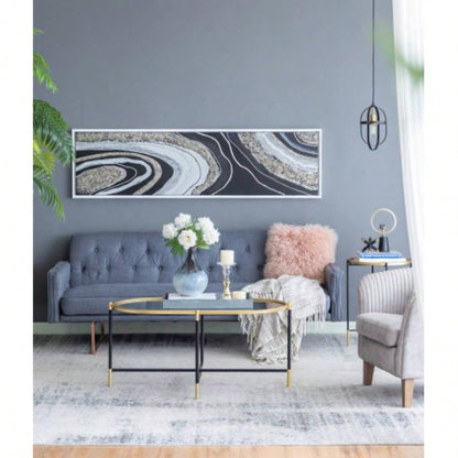 70.9x19.7x1.5 Elongated Landscape Rectangle Framed Oil Painting, Brown and Black with Silver Stones