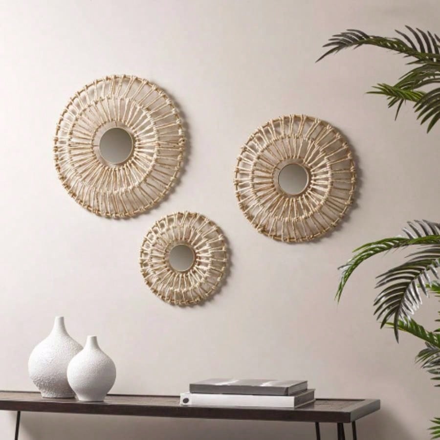 Round Natural Fiber and Mirror 3 - piece Wall Decor Set