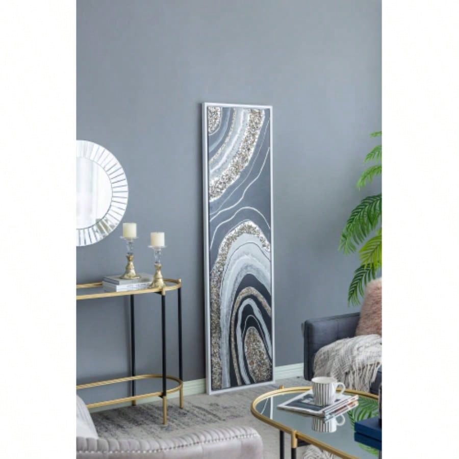 70.9x19.7x1.5 Elongated Landscape Rectangle Framed Oil Painting, Brown and Black with Silver Stones