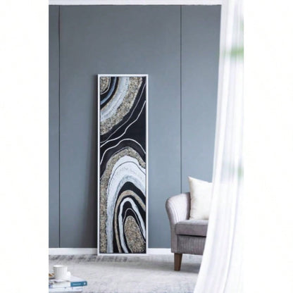 70.9x19.7x1.5 Elongated Landscape Rectangle Framed Oil Painting, Brown and Black with Silver Stones