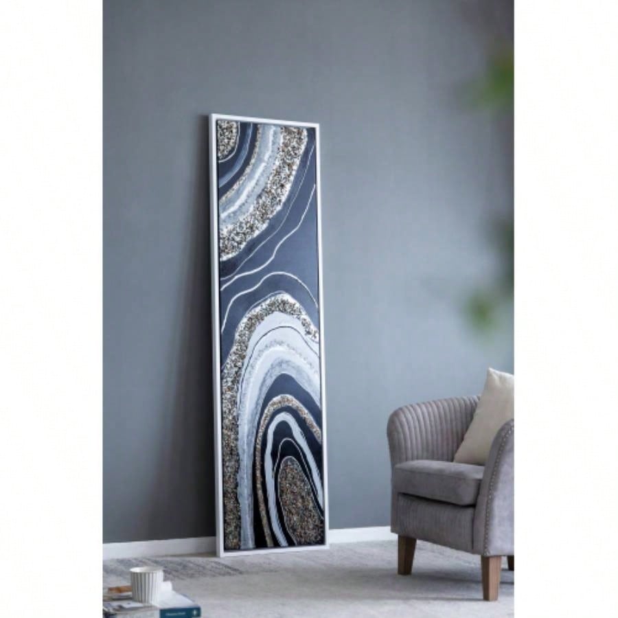 70.9x19.7x1.5 Elongated Landscape Rectangle Framed Oil Painting, Brown and Black with Silver Stones