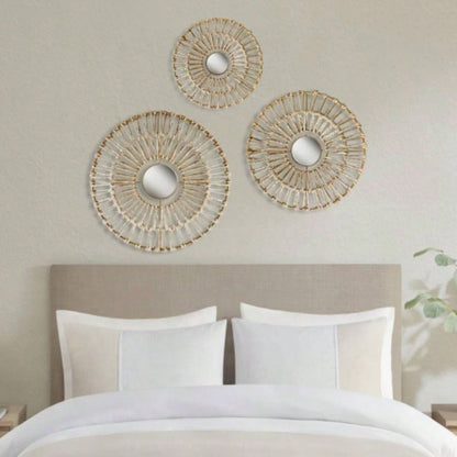Round Natural Fiber and Mirror 3 - piece Wall Decor Set