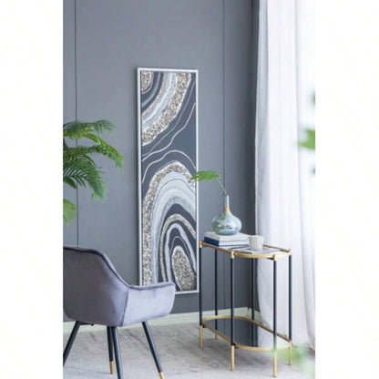 70.9x19.7x1.5 Elongated Landscape Rectangle Framed Oil Painting, Brown and Black with Silver Stones