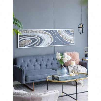 70.9x19.7x1.5 Elongated Landscape Rectangle Framed Oil Painting, Brown and Black with Silver Stones