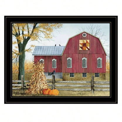 Autumn Leaf Quilt Block Barn by Billy Jacobs, Ready to Hang Framed Print, Black Frame