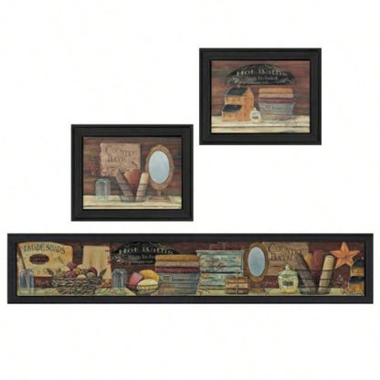 Country Bath I 3 - Piece Vignette By Pam Britton, Printed Wall Art, Ready To Hang Framed Poster, Black Frame