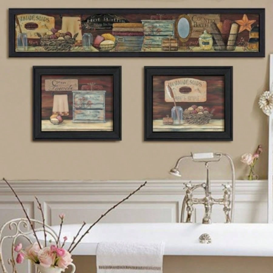 Country Bath I 3 - Piece Vignette By Pam Britton, Printed Wall Art, Ready To Hang Framed Poster, Black Frame