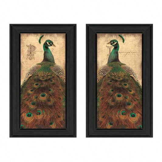 Peacock 2 - Piece Vignette By John Jones, Printed Wall Art, Ready To Hang Framed Poster, Black Frame