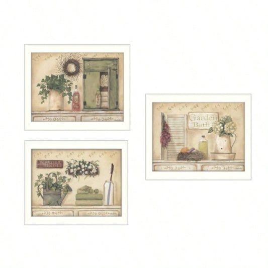 Garden Bath 3 - Piece Vignette By Pam Britton, Printed Wall Art, Ready To Hang Framed Poster, White Frame
