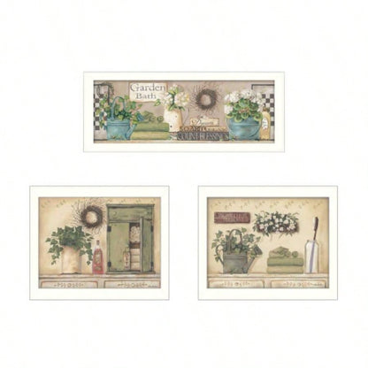 Garden Bath 3 - Piece Vignette By Pam Britton, Printed Wall Art, Ready To Hang Framed Poster, White Frame