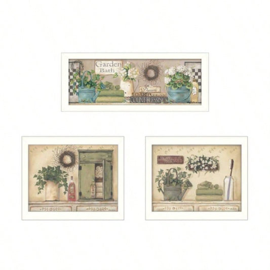 Garden Bath 3 - Piece Vignette By Pam Britton, Printed Wall Art, Ready To Hang Framed Poster, White Frame