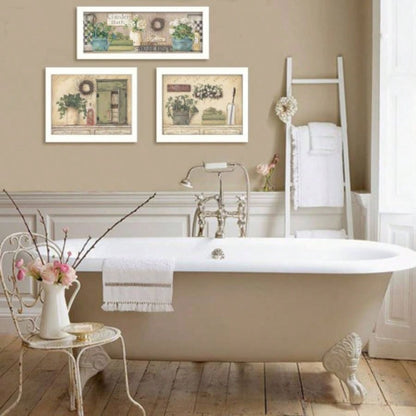 Garden Bath 3 - Piece Vignette By Pam Britton, Printed Wall Art, Ready To Hang Framed Poster, White Frame