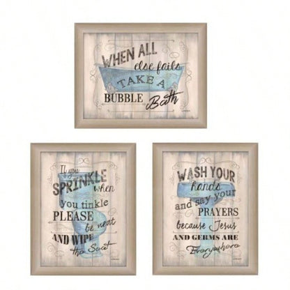 Bathroom Humor 3 - Piece Vignette By Debbie DeWitt, Printed Wall Art, Ready To Hang Framed Poster, Beige Frame