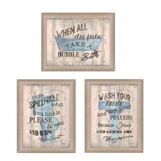 Bathroom Humor 3 - Piece Vignette By Debbie DeWitt, Printed Wall Art, Ready To Hang Framed Poster, Beige Frame