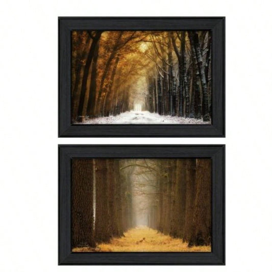 Golden Forest 2 - Piece Vignette By Podt, Printed Wall Art, Ready To Hang Framed Poster, Black Frame