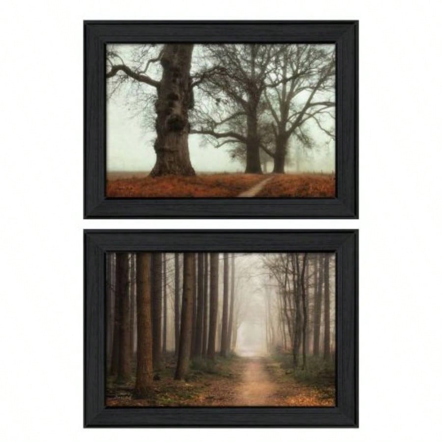 Misty Trees 2 - Piece Vignette By Podt, Printed Wall Art, Ready To Hang Framed Poster, Black Frame