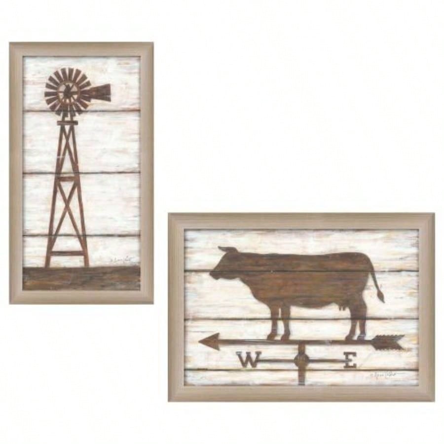 Country Bath Shelf 2 - Piece Vignette By Annie LaPoint, Printed Wall Art, Ready To Hang Framed Poster, Beige Frame