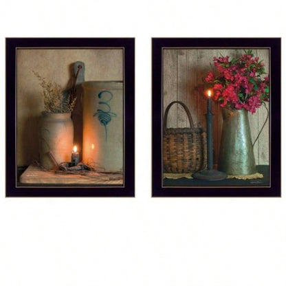Country Candlelight 2 - Piece Vignette By Susan Boyer, Printed Wall Art, Ready To Hang Framed Poster, Black Frame