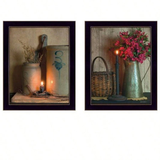 Country Candlelight 2 - Piece Vignette By Susan Boyer, Printed Wall Art, Ready To Hang Framed Poster, Black Frame