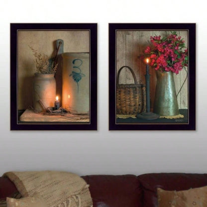 Country Candlelight 2 - Piece Vignette By Susan Boyer, Printed Wall Art, Ready To Hang Framed Poster, Black Frame