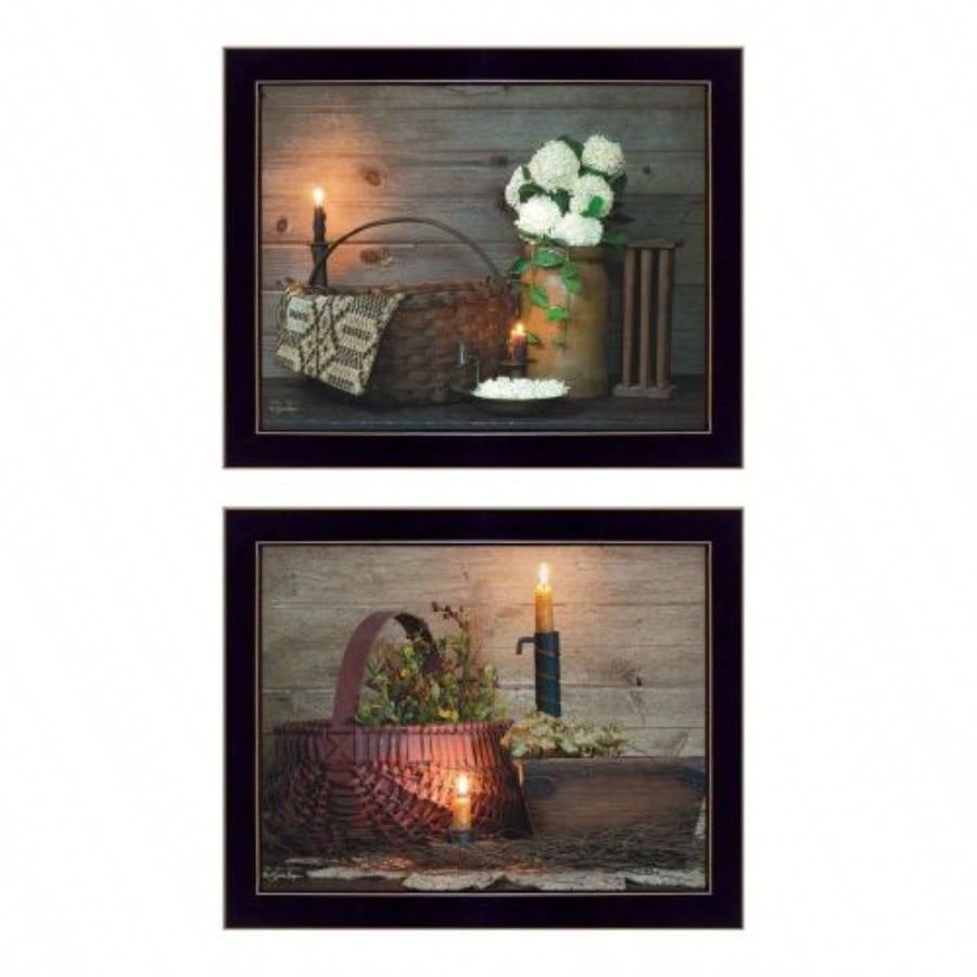 Baskets and Flowers 2 - Piece Vignette By Susan Boyer, Printed Wall Art, Ready To Hang Framed Poster, Black Frame