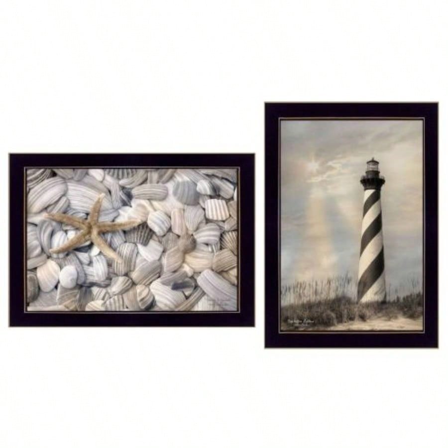 Cape Hatteras Lighthouse and Sea Shells 2 - Piece Vignette By Lori Deiter, Printed Wall Art, Ready To Hang Framed Poster, Black Frame