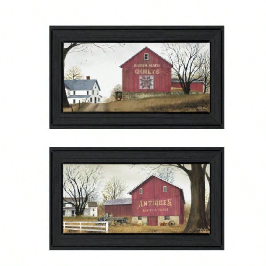 Antique Barn Quilt Barn 2 - Piece Vignette by Billy Jacobs, Black Frame