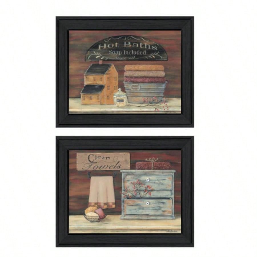 Hot Bath/ Clean Towels 2 - Piece Vignette by Pam Britton, Black Frame