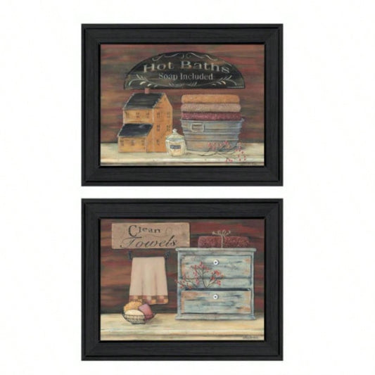Hot Bath/ Clean Towels 2 - Piece Vignette by Pam Britton, Black Frame