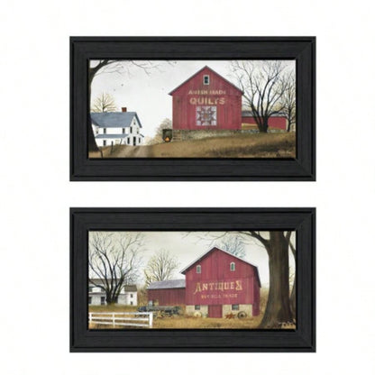 Antique Barn Quilt Barn 2 - Piece Vignette by Billy Jacobs, Black Frame