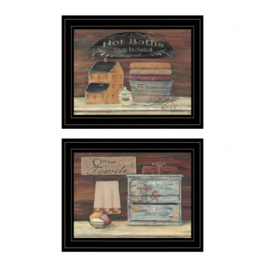 Hot Bath/ Clean Towels 217X14 2 - Piece Vignette By Pam Britton, Black Frame