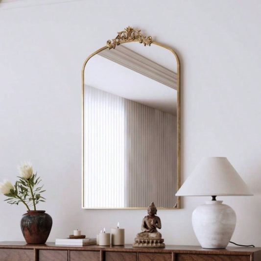 Wall Mirror 43x24 Inch Vintage Ornate Arched Floor Mirror Metal Framed Mirror Dressing Mirror, Entryway, Living Room, Bedroom, Antique Bronze
