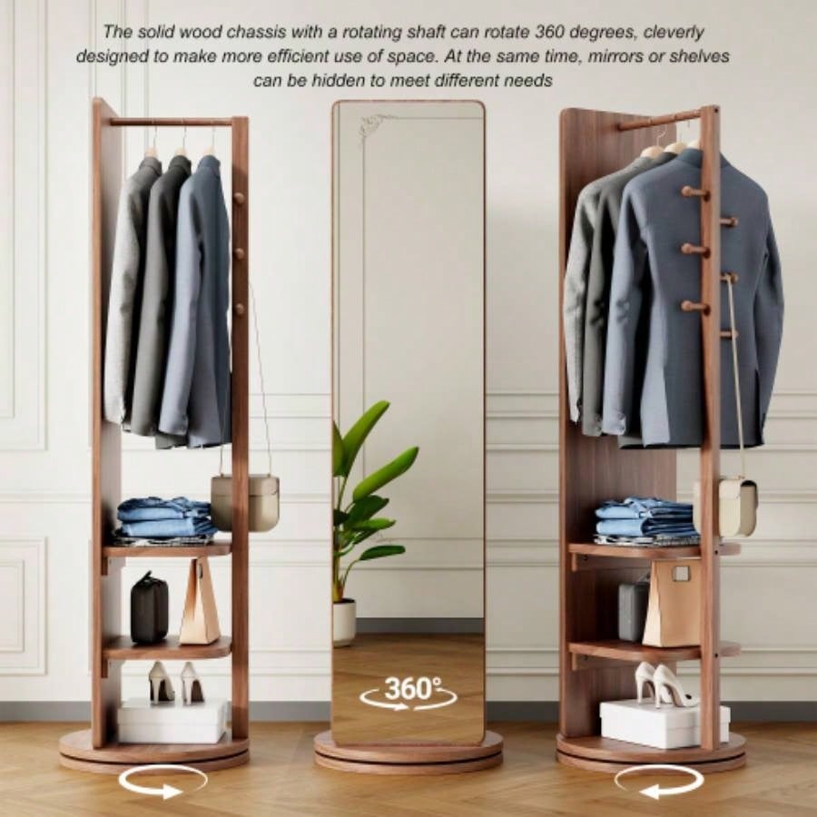 360 Rotating 69x16 Multifunctional Full Length Mirror with Hook Storage Rack Coat Rack with Mirror Solid Wood Floor Mirror Bedroom Living Room Cloakroom Space Saving walnut
