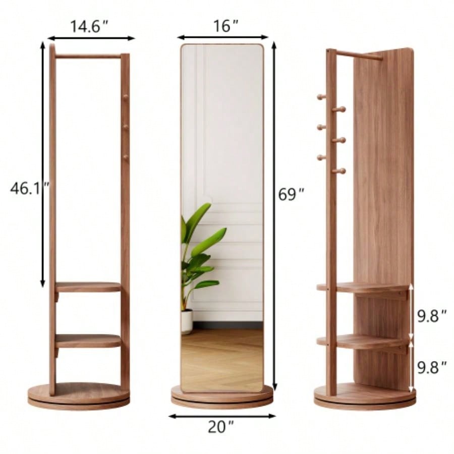 360 Rotating 69x16 Multifunctional Full Length Mirror with Hook Storage Rack Coat Rack with Mirror Solid Wood Floor Mirror Bedroom Living Room Cloakroom Space Saving walnut