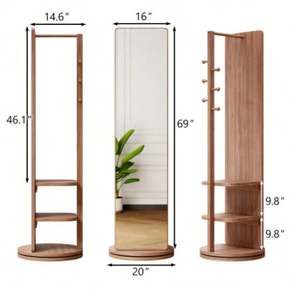 360 Rotating 69x16 Multifunctional Full Length Mirror with Hook Storage Rack Coat Rack with Mirror Solid Wood Floor Mirror Bedroom Living Room Cloakroom Space Saving walnut
