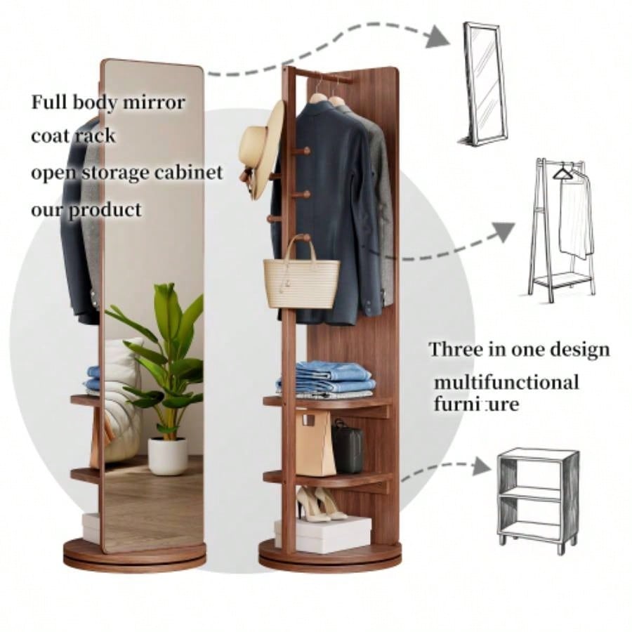 360 Rotating 69x16 Multifunctional Full Length Mirror with Hook Storage Rack Coat Rack with Mirror Solid Wood Floor Mirror Bedroom Living Room Cloakroom Space Saving walnut