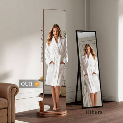 360 Rotating 69x16 Multifunctional Full Length Mirror with Hook Storage Rack Coat Rack with Mirror Solid Wood Floor Mirror Bedroom Living Room Cloakroom Space Saving walnut