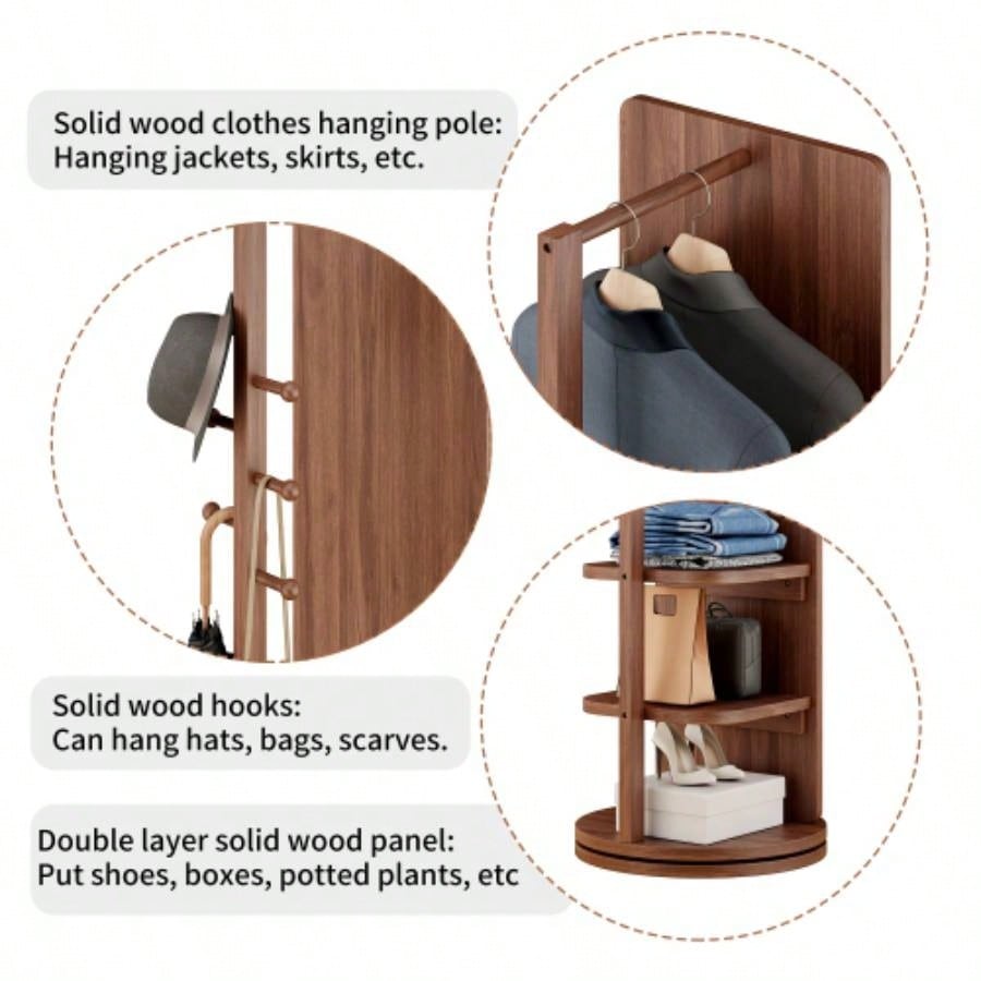 360 Rotating 69x16 Multifunctional Full Length Mirror with Hook Storage Rack Coat Rack with Mirror Solid Wood Floor Mirror Bedroom Living Room Cloakroom Space Saving walnut