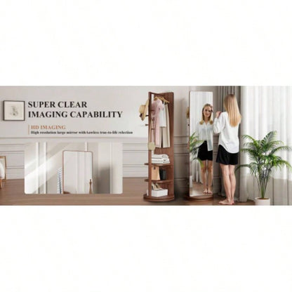 360 Rotating 69x16 Multifunctional Full Length Mirror with Hook Storage Rack Coat Rack with Mirror Solid Wood Floor Mirror Bedroom Living Room Cloakroom Space Saving walnut