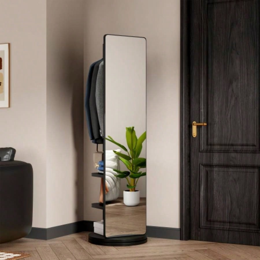 360 Rotating 69x16 Multifunctional Full Length Mirror with Hook Storage Rack Coat Rack with Mirror Solid Wood Floor Mirror Bedroom Living Room Cloakroom Space Saving walnut